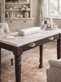 ろくろ脚ネイルテーブル・フェイク引出し700〜1200　（大理石メラミン天板・ボルドー色）