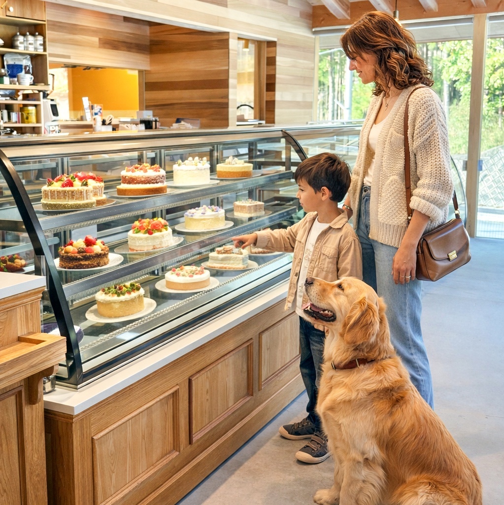 カフェの冷蔵ショーケース内蔵レジカウンター